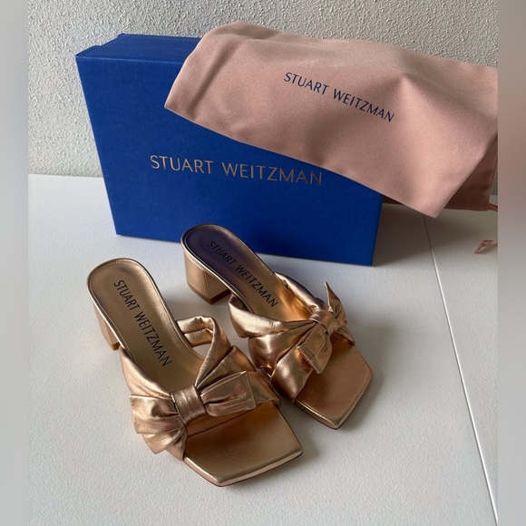Stuart Weitzman Shoes - Stuart Weitzman Sofia 45 Slide Bow Detail Bronze Gold Block Heel Size 6.5B